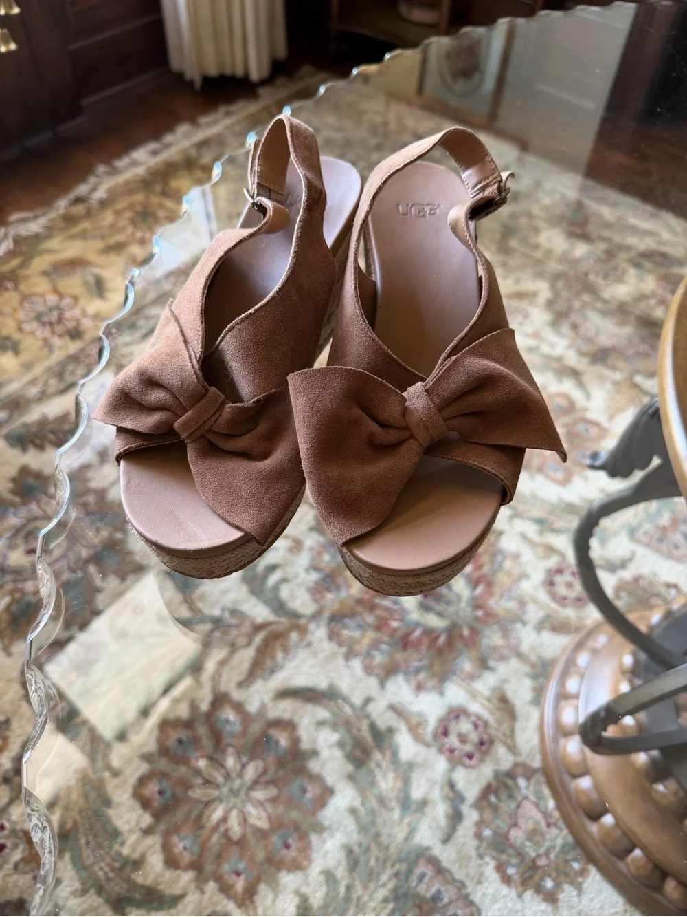 UGG Camilla Chestnut Suede Bow Slingback Wedge Sandals